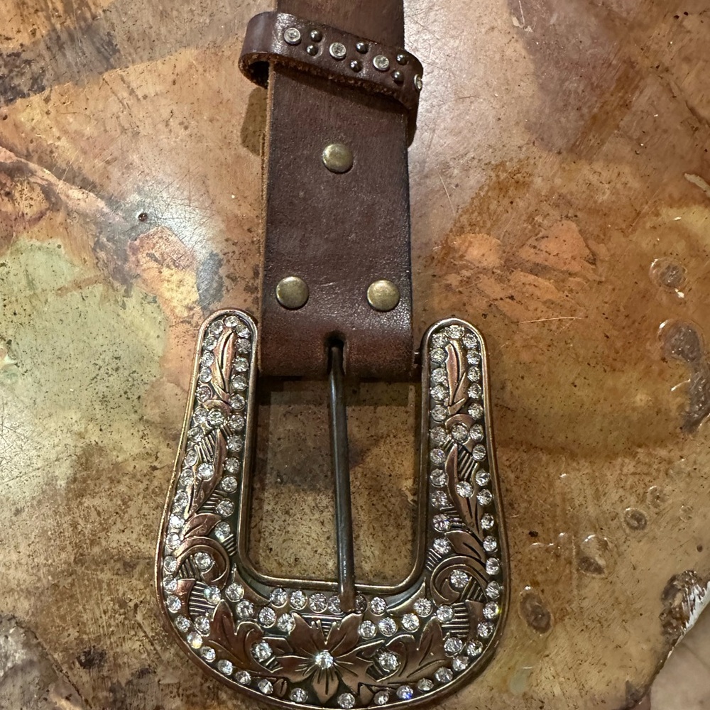 Brown Leather Belt with Embellished Buckle